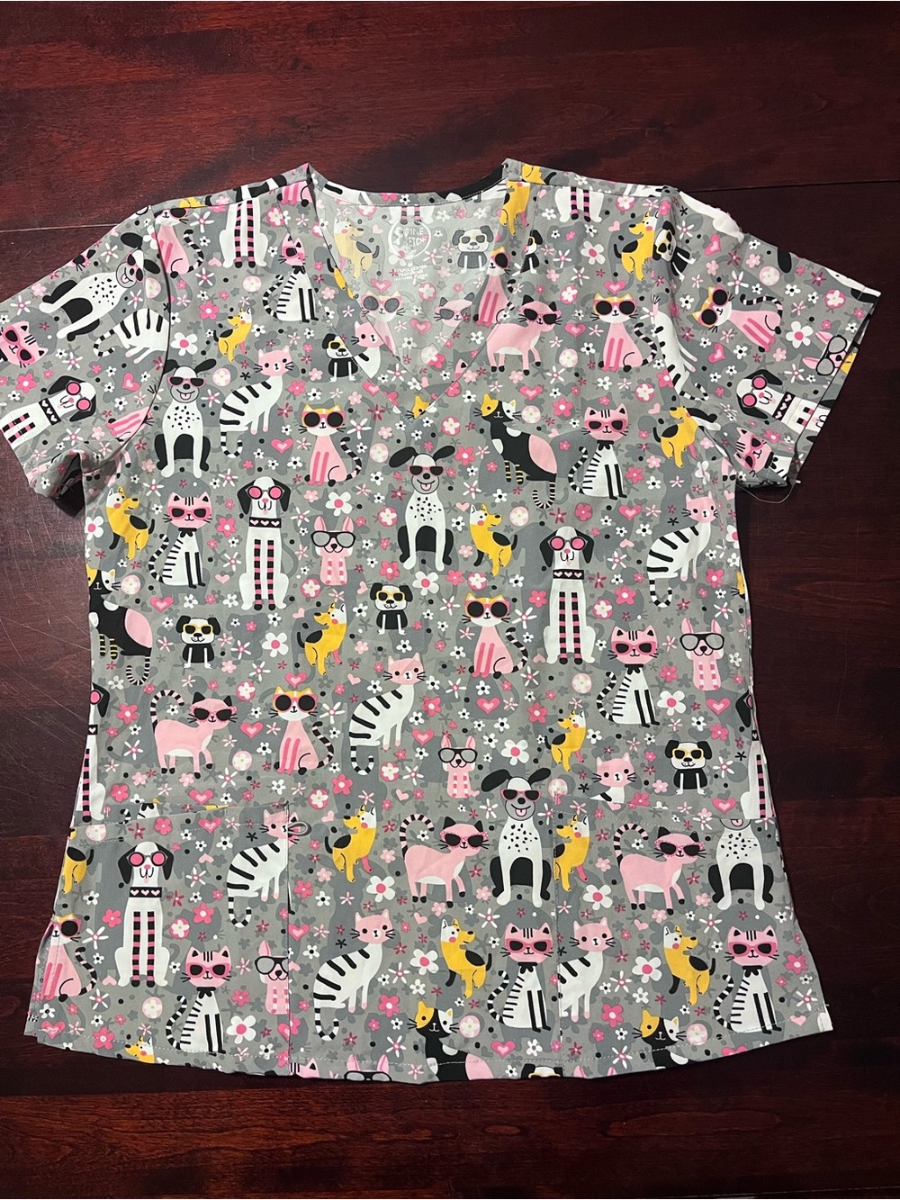 Women’s Grey Animal Print V-Neck scrub Top with Pink & Yellow Accents